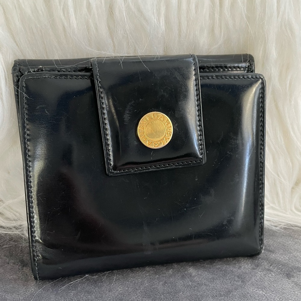 Bulgari black patent leather bifold wallet